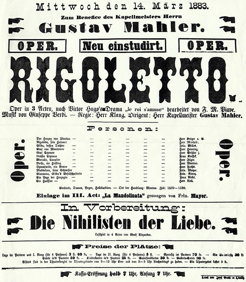 Poster advertising Gustav Mahler conducting Rigoletto Drawing by Austrian School