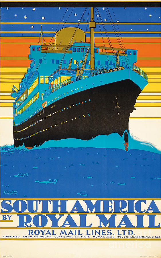Poster Advertising South America By Royal Mail Lines Colour Lithograph Painting by Kenneth Shoesmith