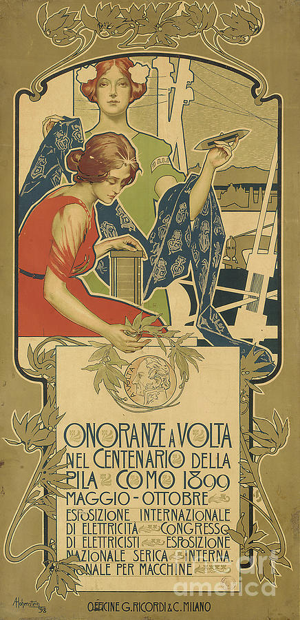 Poster Advertising The Exhibition Of Electrical Products Held In Honor Of The 100th Anniversary Of The Birth Of Alessandro Volta Drawing by Adolfo Hohenstein