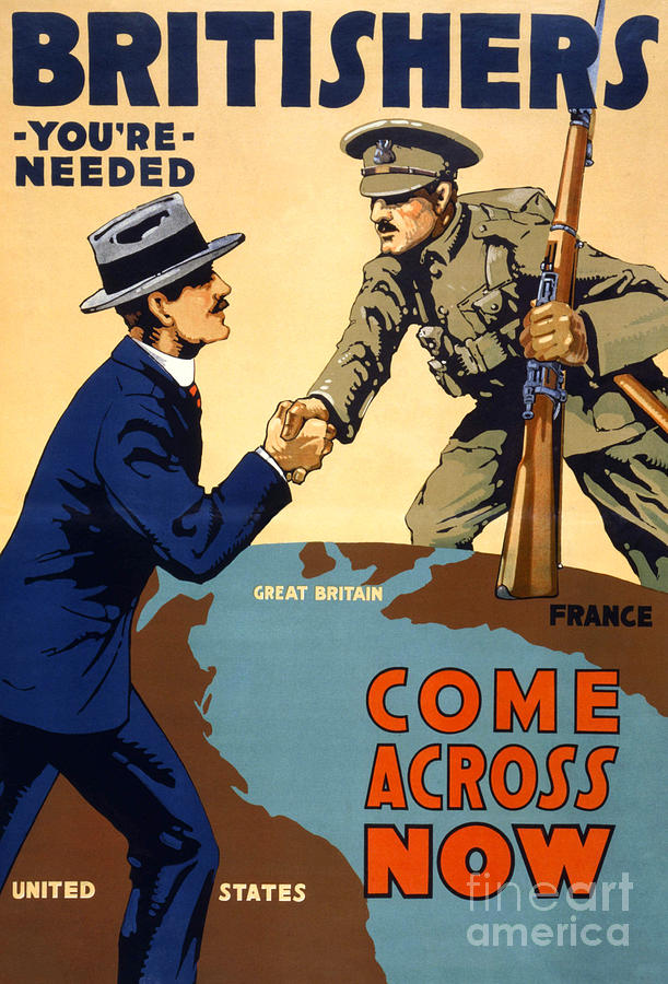 Poster showing two men on a globe shaking hands across the Atlantic Ocean Painting by English School