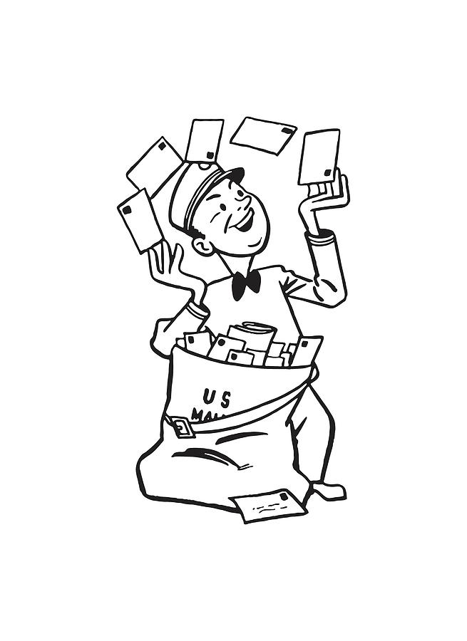 Black And White Drawing - Postman Juggling Mail by CSA Images