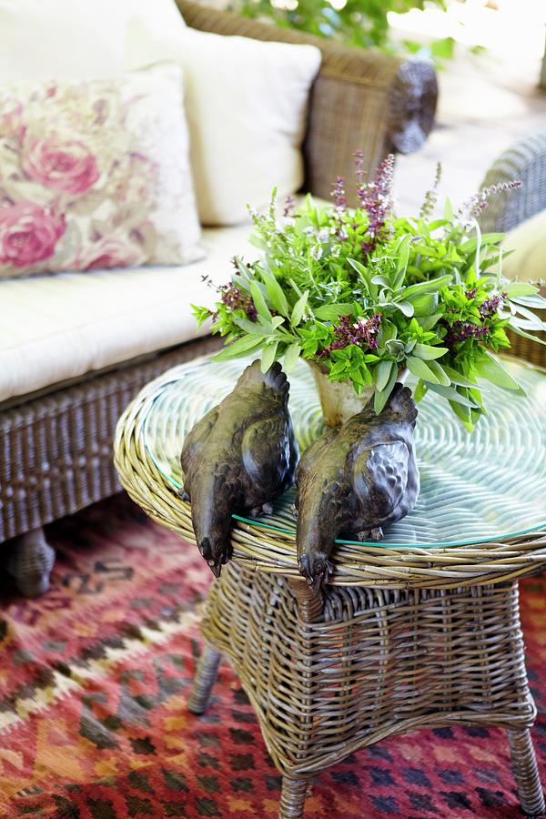 Posy Of Herbs And Hen Ornaments On Table Photograph by Great Stock!