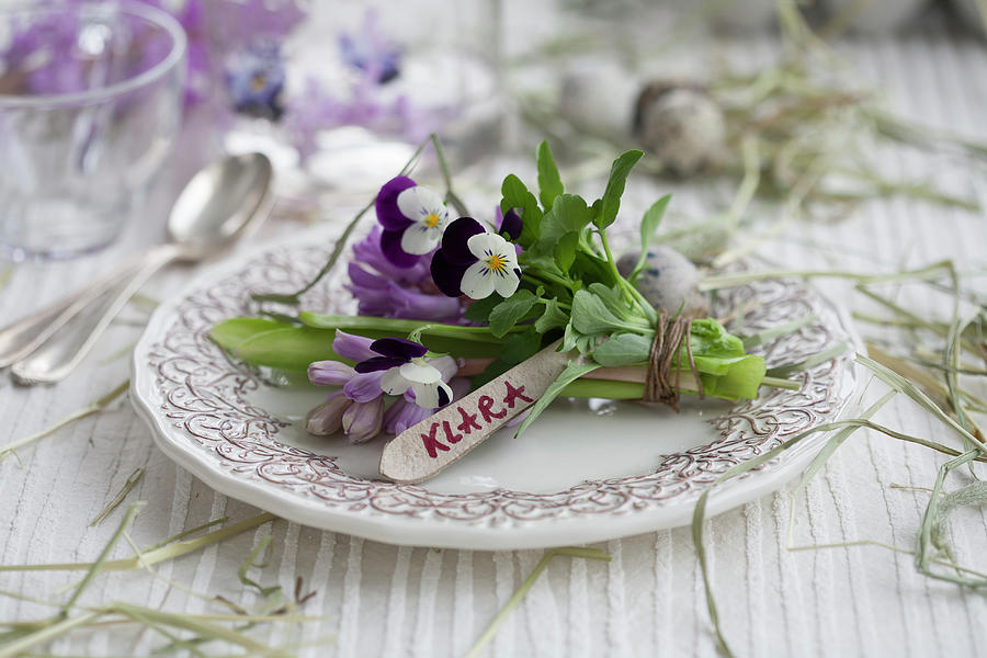 Posy Of Hyacinths And Violas With Name Tag Decorating Plate Photograph by Martina Schindler
