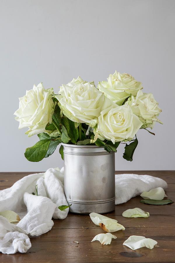 Posy Of White Roses In Old Silver Pot Photograph by Catja Vedder