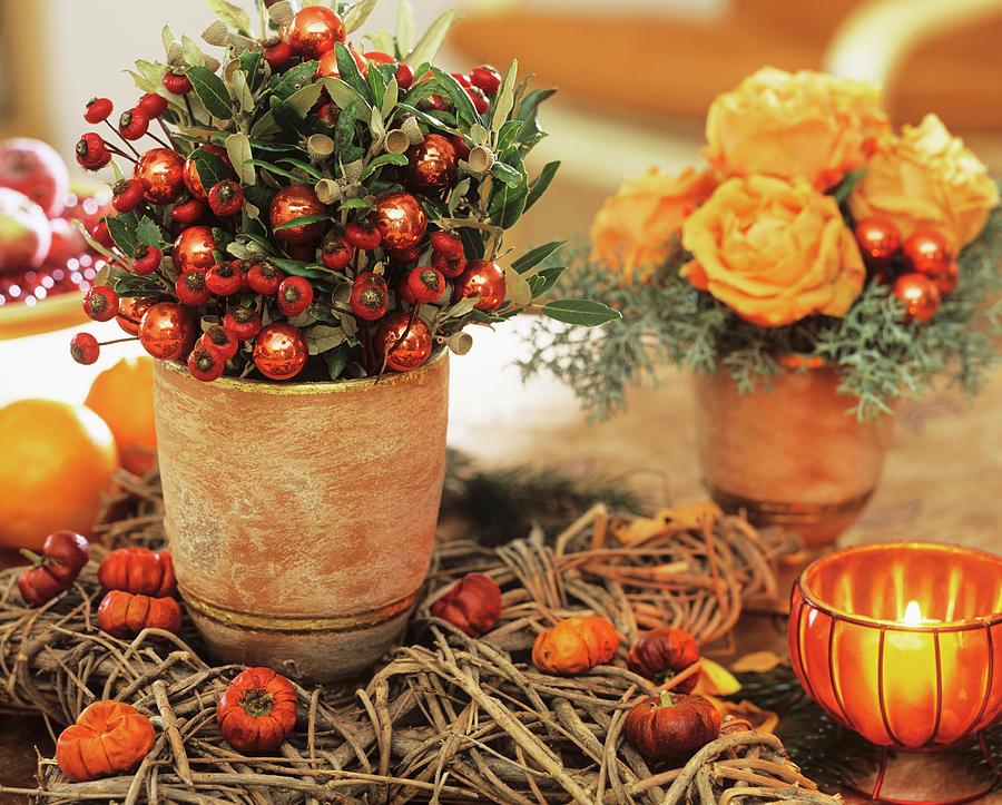 Pot Of Rose Hips, Bay Leaves, Glass Baubles And Roses Photograph by Friedrich Strauss