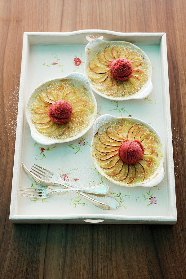 Potato And Apple Gratin With Berry Ice Cream Photograph by Michael Wissing