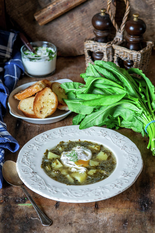 Potato And Dock Leaf Soup With Poached Eggs Photograph by Irina Meliukh