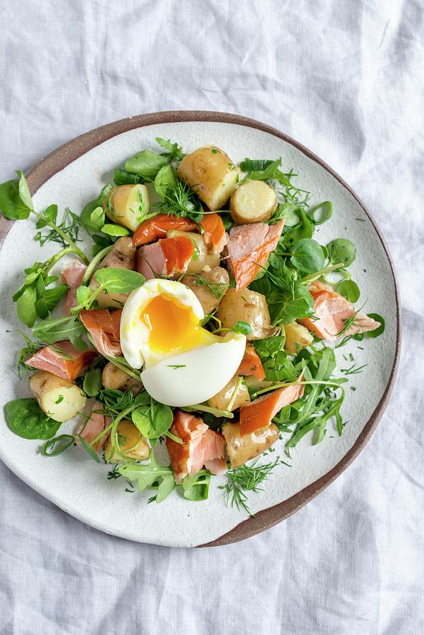 Potato And Herb Salad With Honey Roasted Salmon And Soft Boiled Egg 