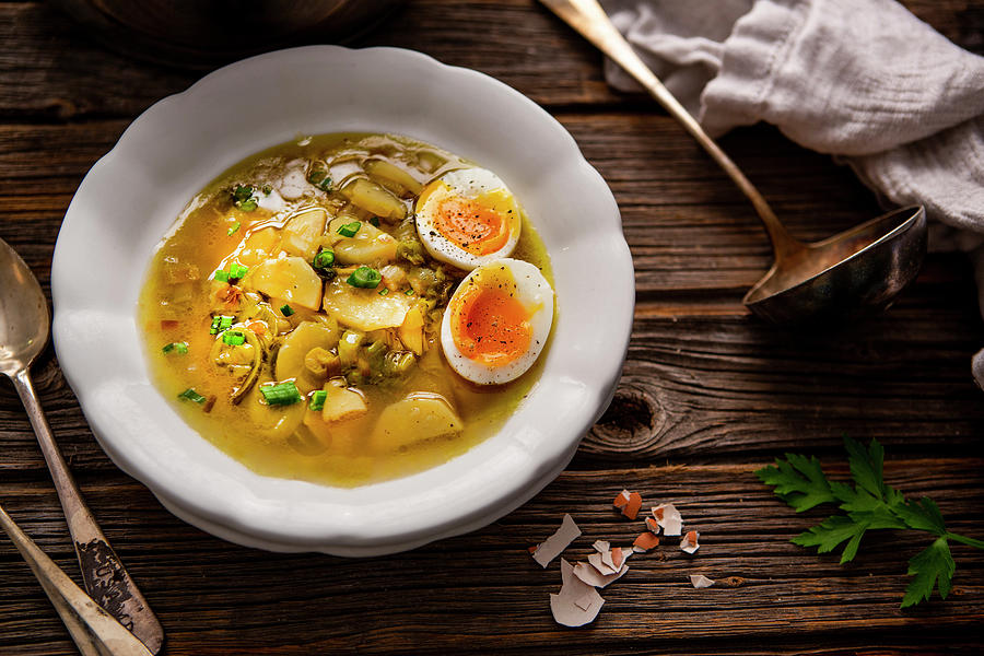 Potato And Leek Soup With A Soft-boiled Egg Photograph by Sandra Krimshandl-tauscher