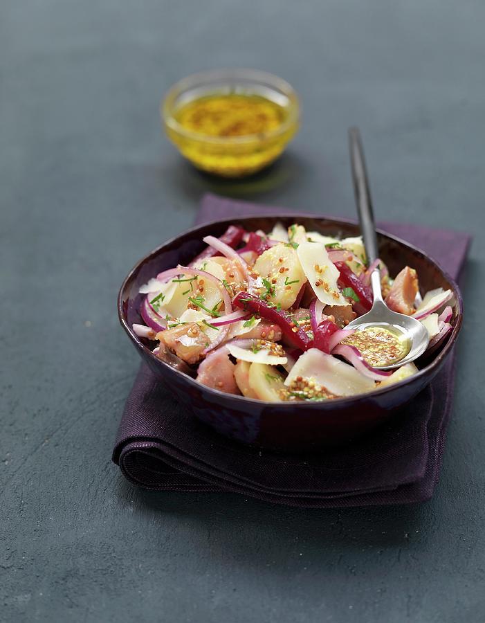 Potato, Beetroot, Red Onion, Herring And Sheeps Milk Cheese Salad Photograph by Viel