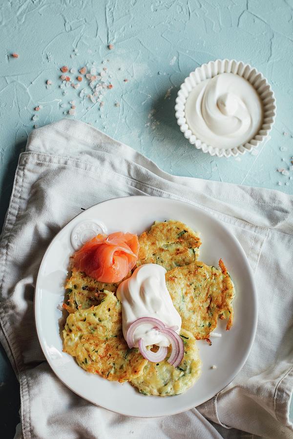 Potato Cakes Topped With Smoked Salmon And Sour Cream Photograph by Kate Prihodko