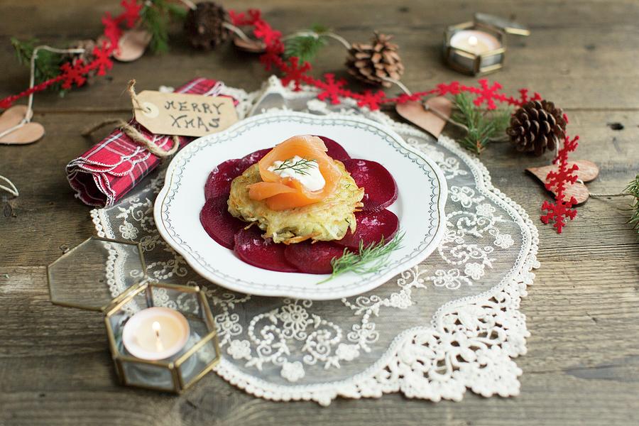 Potato Cakes With Smoked Salmon, Dill, Creme Fraiche And Beetroot Carpaccio For Christmas Photograph by Anne Faber