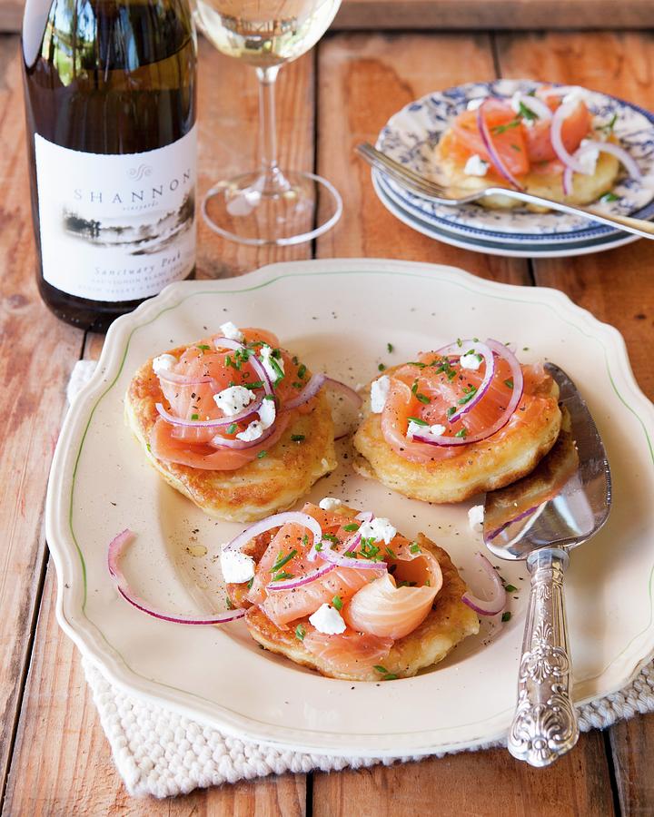 Potato Cakes With Smoked Salmon, Goats Cheese And Onion Rings Photograph by Great Stock!