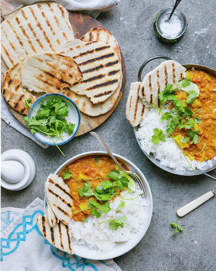 Potato Dahl, Rice And Indian Bread Photograph by Velsberg