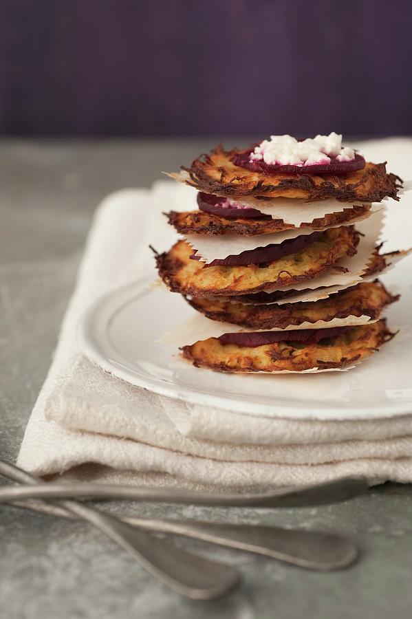 Potato Galettes Topped With Grilled Beetroot And Feta Photograph by Paquin