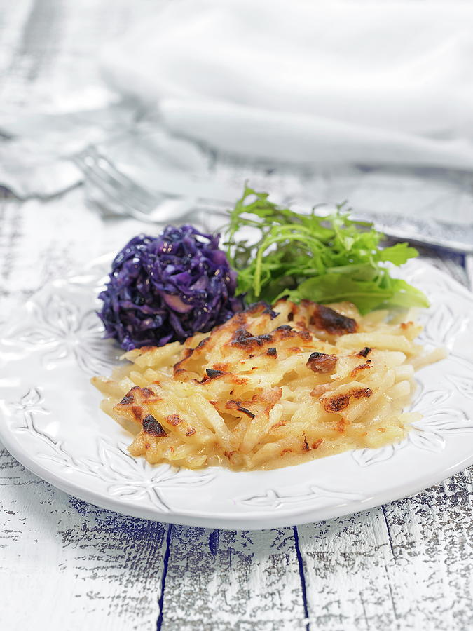 Potato Gratin With Red Cabbage And Rocket Lettuce Photograph by Lawton