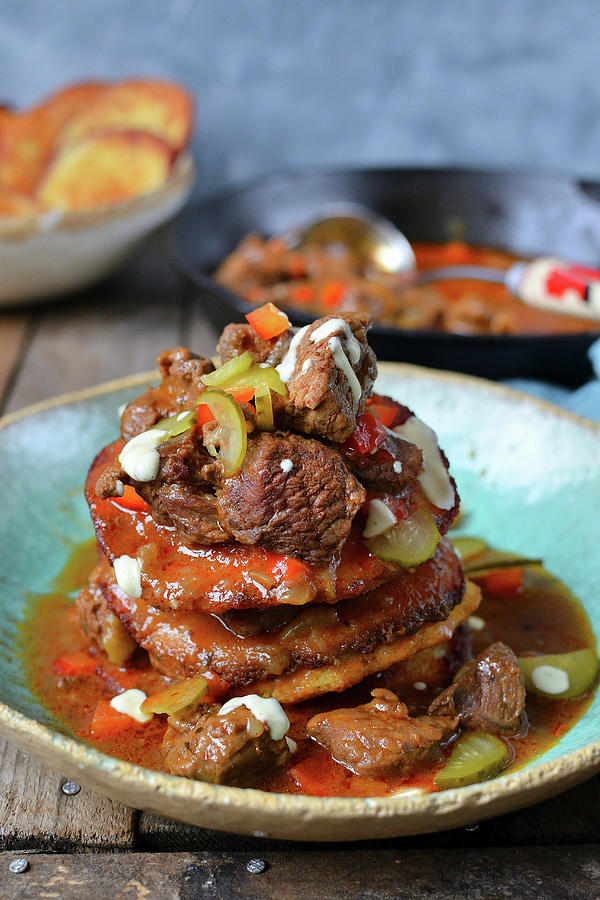 Potato Pancakes With Beef In A Homemade Sauce Photograph by Karolina Smyk