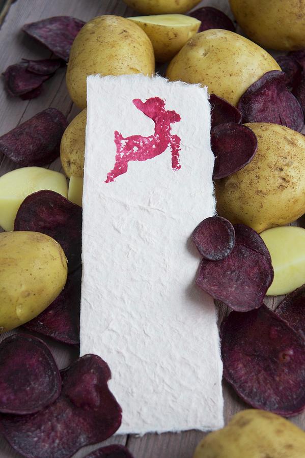Potato Print - Paper Stamped With Animal Print Lying On Potatoes And Purple Crisps Photograph by Martina Schindler