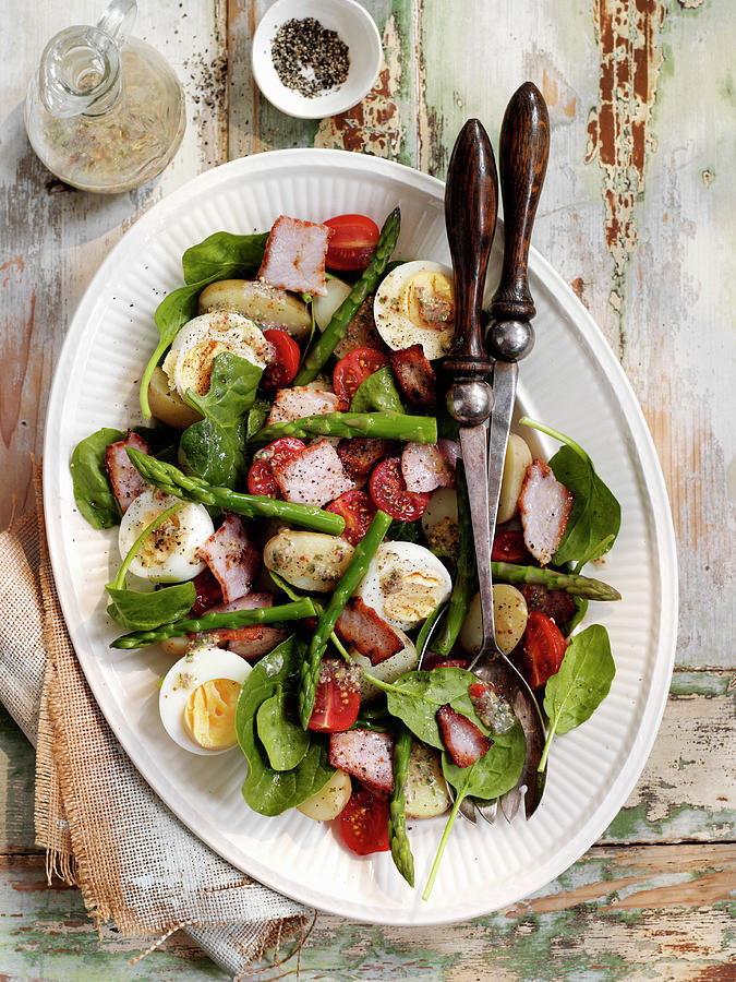 Potato Salad With Bacon, Asparagus, Baby Spinach And Egg Photograph by Gareth Morgans