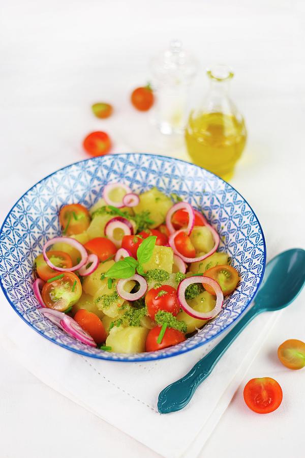 Potato Salad With Cherry Tomatoes, Tropea Onions And Pesto Photograph by Claudia Gargioni