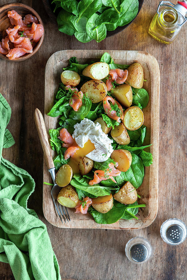 Potato Salad With Spinach, Salmon And A Poached Egg Photograph by Irina Meliukh