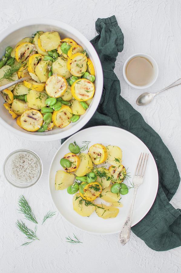 Potato Salad With Yellow Courgettes, Broad Beans And Dill vegan Photograph by Kachel Katarzyna