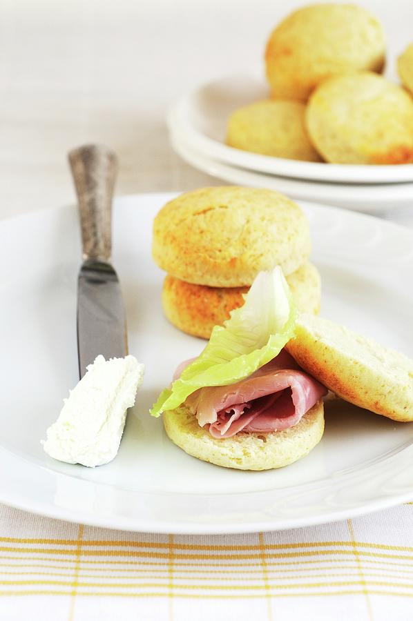 Potato Scones With Ham, Cream Cheese And Salad Photograph by Mario Matassa
