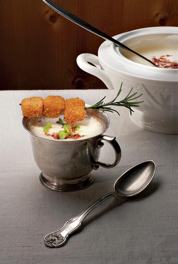 Potato Soup With Baked Mountain Cheese Cubes In Cup Photograph by Jalag / Camillo Bchlmeier