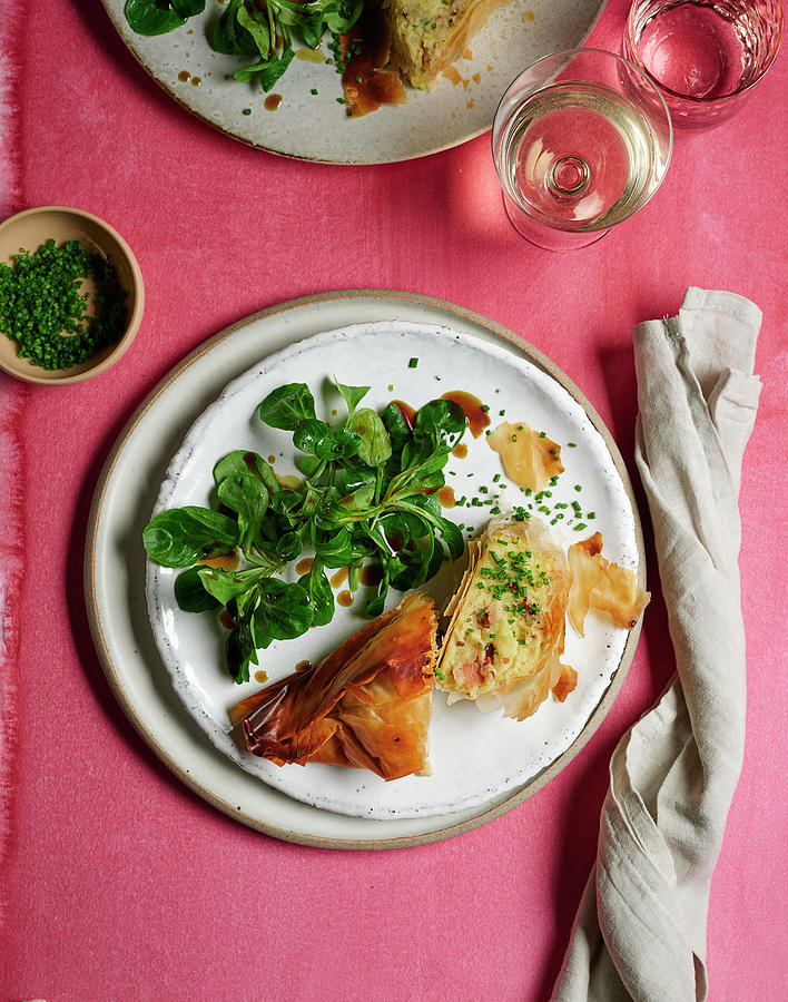 Potato Strudel Served With Lambs Lettuce With Mustard Vinaigrette Photograph by Stockfood Studios / Photisserie
