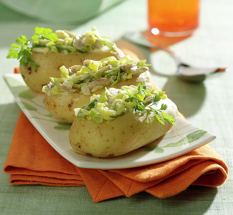 Potatoes Stuffed With Leek And Button Mushrooms In Creamy Mustard Sauce ...