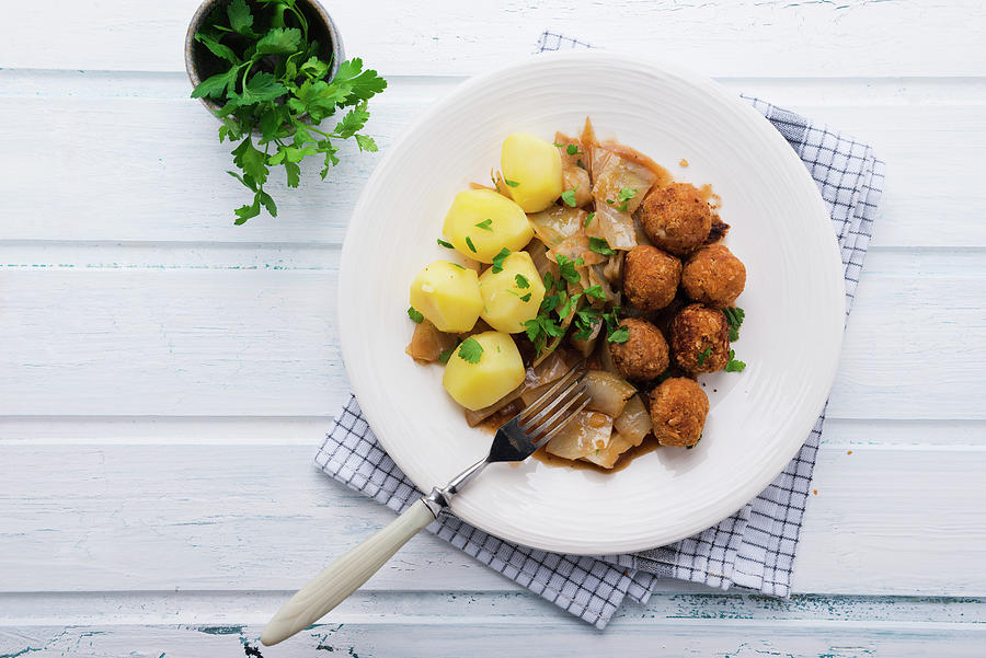 Potatoes With White Cabbage And Vegan Bean Balls Photograph by Kati Neudert
