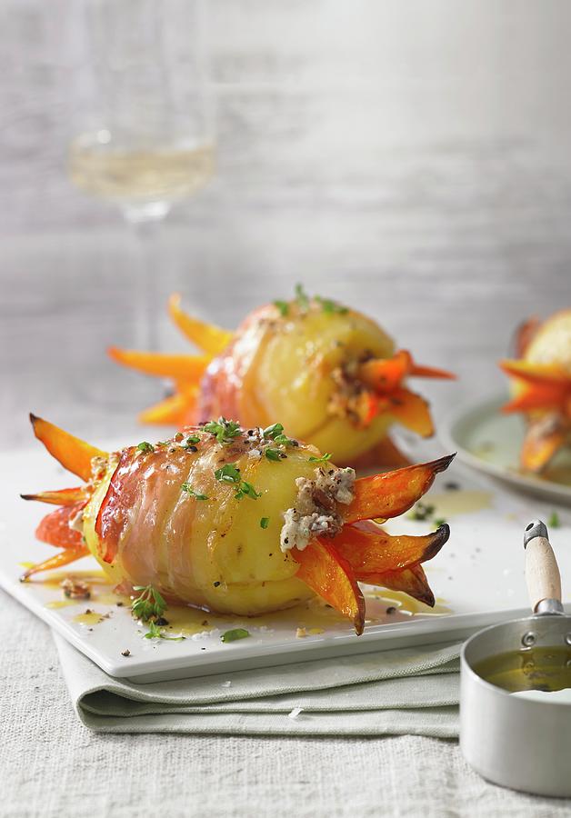 Potatoes Wrapped In Bacon With Pumpkin Strips Photograph by Jan-peter Westermann