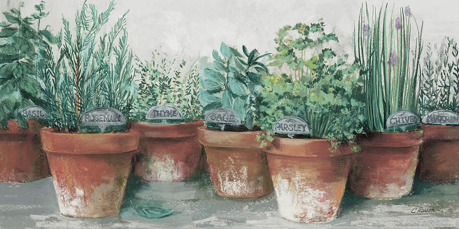 Cottage Painting - Pots Of Herbs II Cottage by Carol Rowan