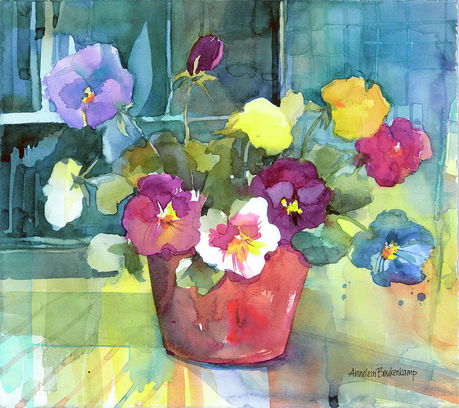 Flowers Still Life Painting - Potted Pansies by Annelein Beukenkamp