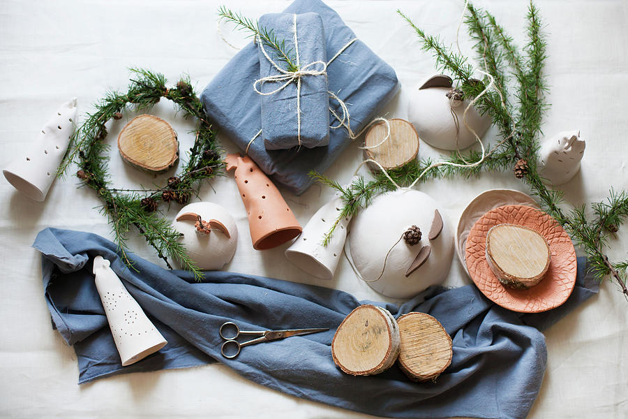 Pottery Ornaments, Gifts Wrapped In Fabric And Larch Twigs Photograph by Alicja Koll