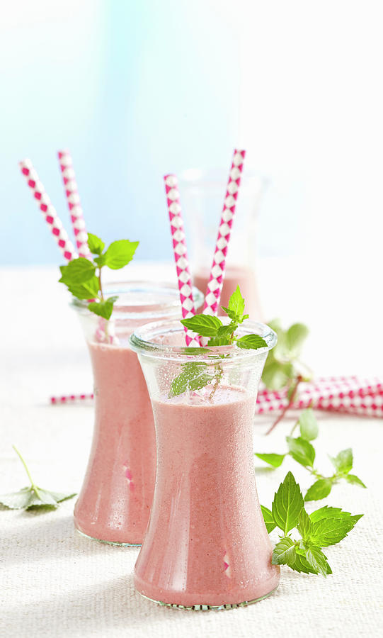 Power Fruit Smoothie With Strawberry, Orange, Beetroot, Yogurt, Vanilla And Strawberry Ice Cream Photograph by Teubner Foodfoto