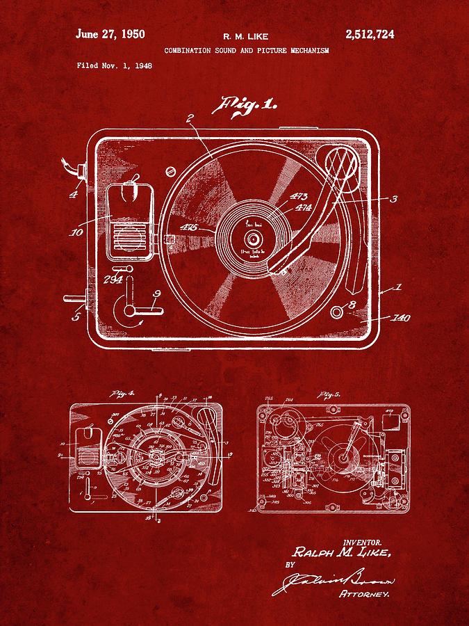 Records Digital Art - Pp1009-burgundy Record Player Patent Poster by Cole Borders