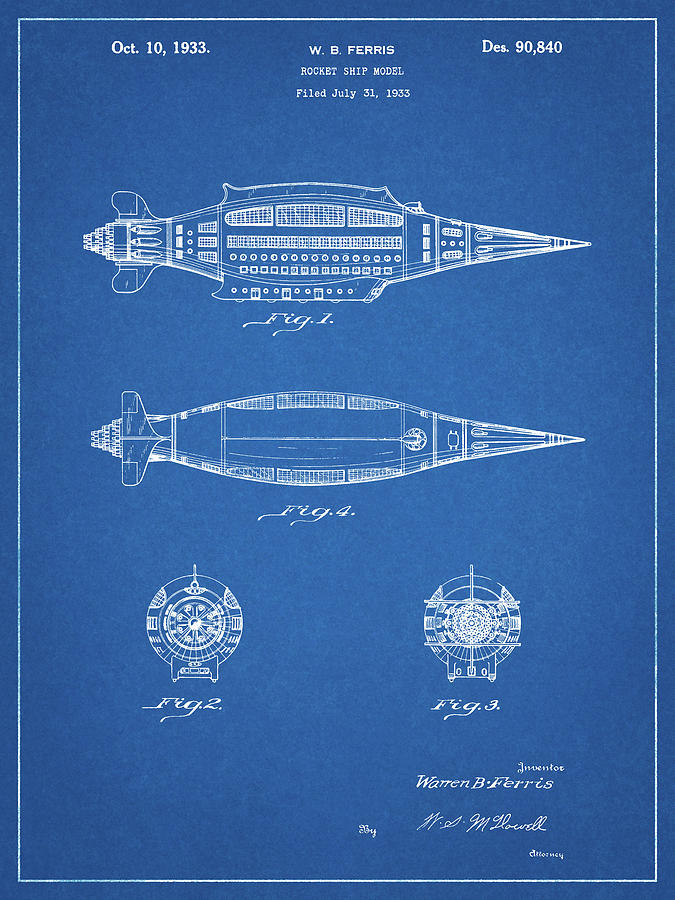 Space Digital Art - Pp1017-blueprint Rocket Ship Model Patent Poster by Cole Borders