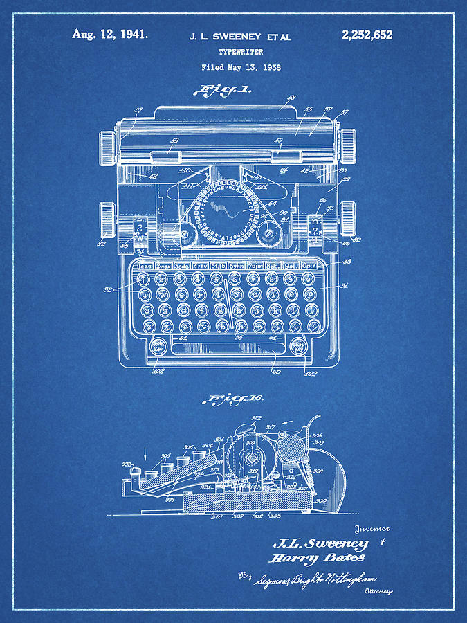 Typewriter Digital Art - Pp1029-blueprint School Typewriter Patent Poster by Cole Borders