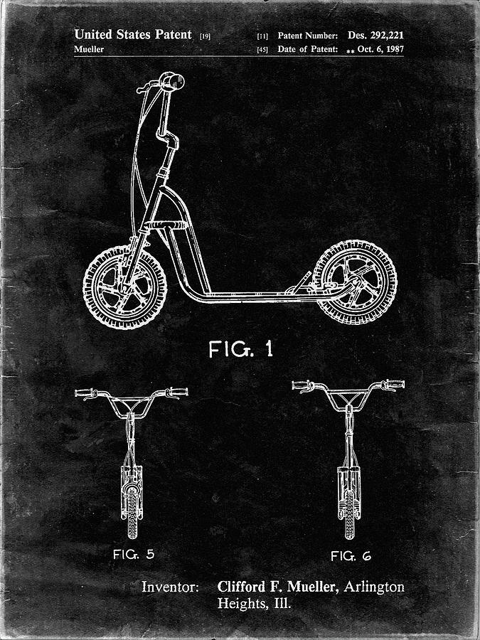 College Dorm Decor Digital Art - Pp1030-black Grunge Scooter Patent Art, 80s Toys, 80s Decor, Pp1030 by Cole Borders