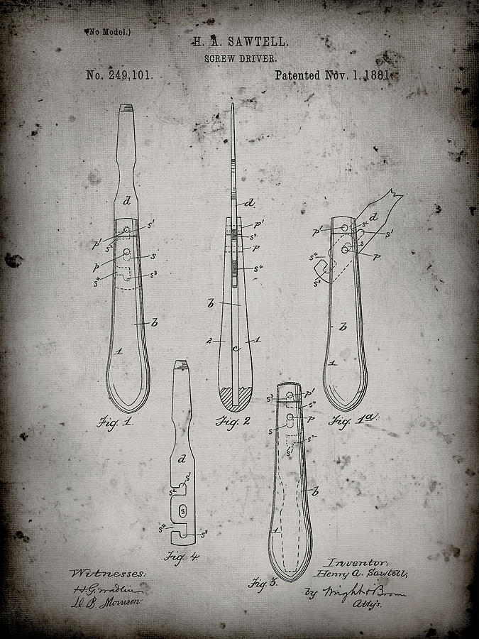 Vintage Digital Art - Pp1032-faded Grey Screw Driver Patent 1881 Wall Art Poster by Cole Borders