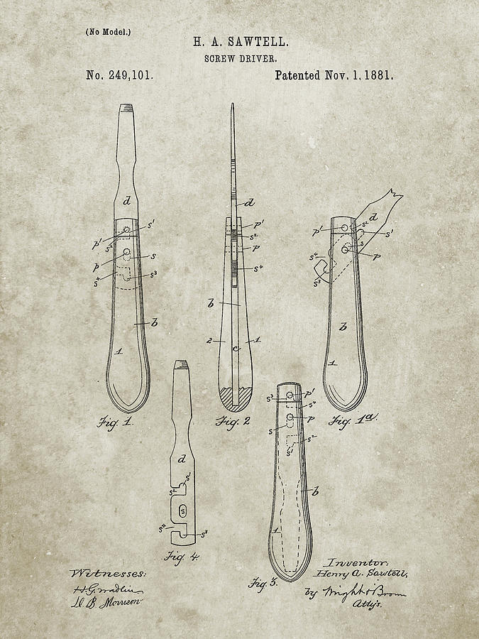 Vintage Digital Art - Pp1032-sandstone Screw Driver Patent 1881 Wall Art Poster by Cole Borders