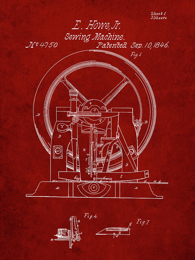 Sewing Digital Art - Pp1035-burgundy Singer Sewing Machine Patent Poster by Cole Borders