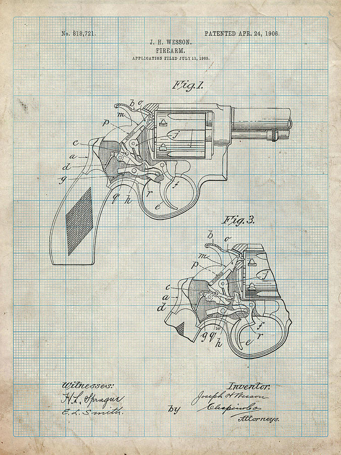 Gun Digital Art - Pp1044-antique Grid Parchment Smith And Wesson Revolver Pistol by Cole Borders