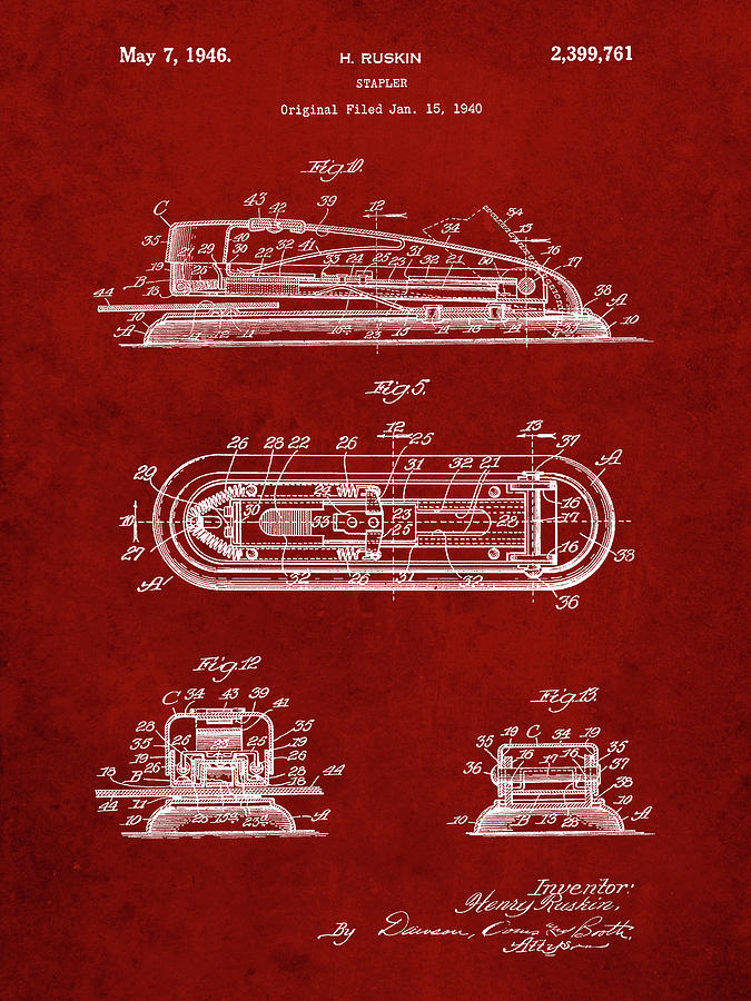 Stapler Digital Art - Pp1052-burgundy Stapler Patent Poster by Cole Borders