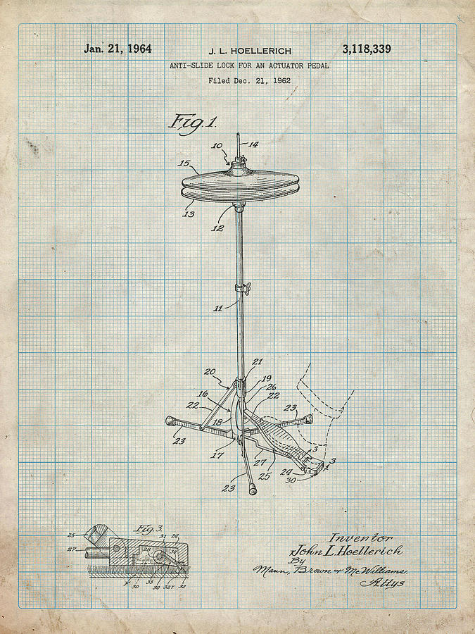 Percussion Digital Art - Pp106-antique Grid Parchment Hi Hat Cymbal Stand And Pedal Patent Poster by Cole Borders