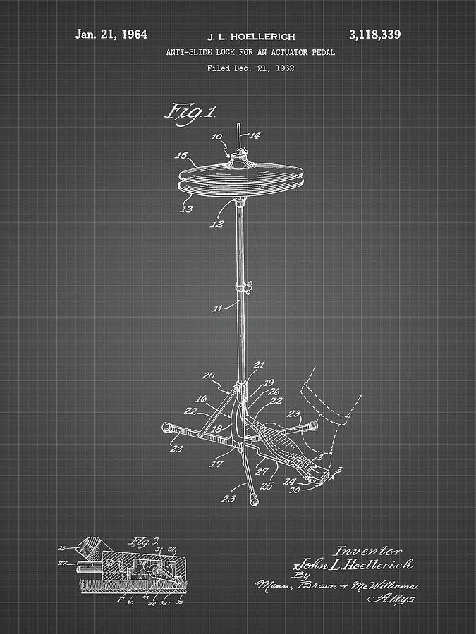 Percussion Digital Art - Pp106-black Grid Hi Hat Cymbal Stand And Pedal Patent Poster by Cole Borders