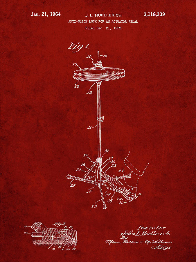 Percussion Digital Art - Pp106-burgundy Hi Hat Cymbal Stand And Pedal Patent Poster by Cole Borders