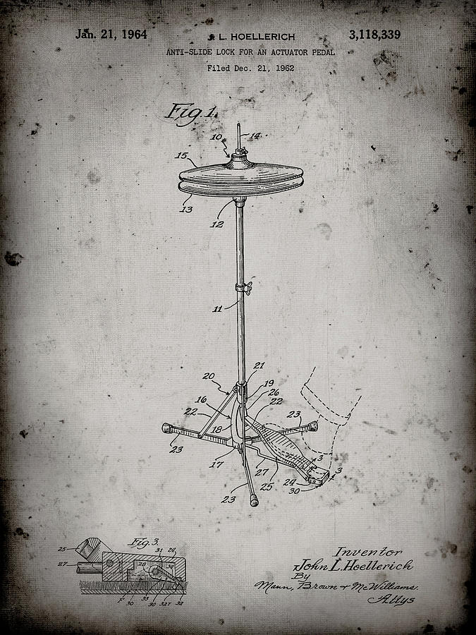 Percussion Digital Art - Pp106-faded Grey Hi Hat Cymbal Stand And Pedal Patent Poster by Cole Borders