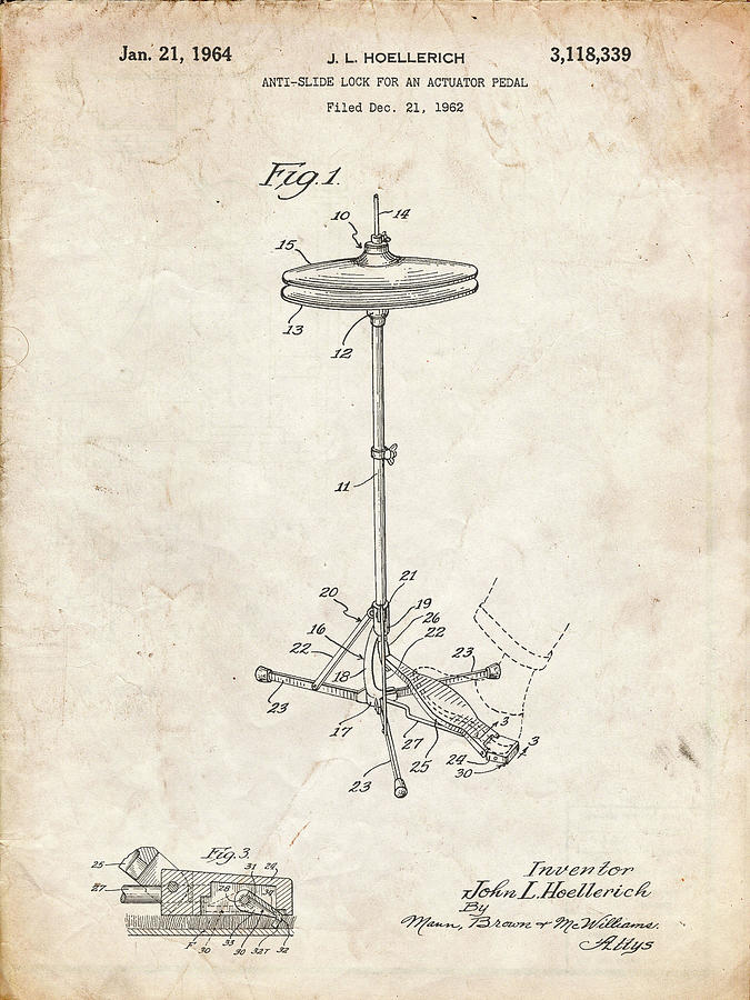 Percussion Digital Art - Pp106-vintage Parchment Hi Hat Cymbal Stand And Pedal Patent Poster by Cole Borders